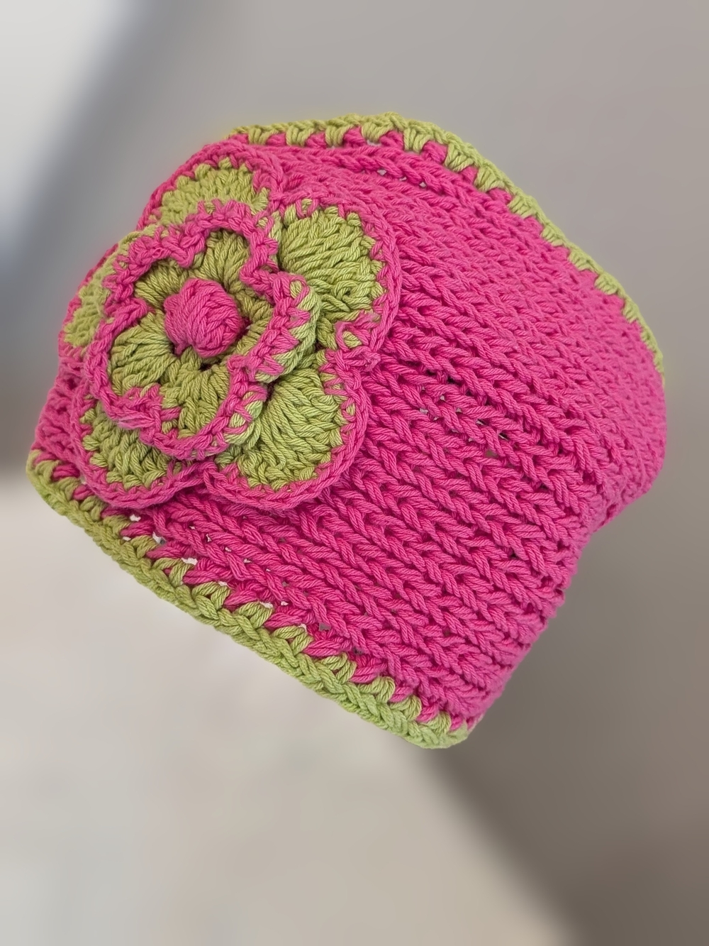 C.C Pink Crochet Headband with Green Flower Trim-Women's